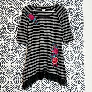 Vintage Basil & Maude Y2K Emo Striped Embroidered Floral Beaded Top